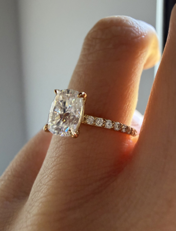 1.5-carat cushion-cut moissanite engagement ring, D color, VVS clarity | Halo and pavé setting | Gold or platinum [6]