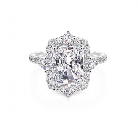 Gold - 4-carat moissanite engagement ring with radiant halo pavé setting in gold or platinum, D VVS1