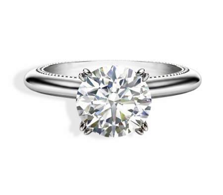 Gold - Engagement ring with 2 ct round D VVS moissanite and 0.2 ct princess cut stone, set in gold or platinum. Customizable carats