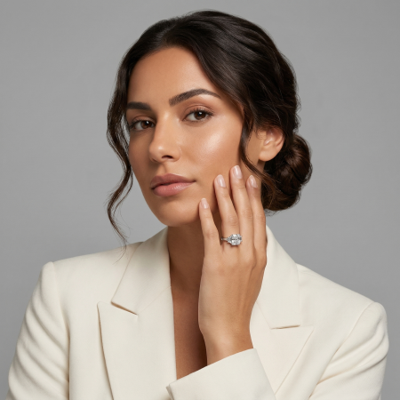 Inel de logodna cu Diamant de Laborator Radiant si Diamante Trapezoidale model Trilogie | Argint, Aur sau Platina [12]