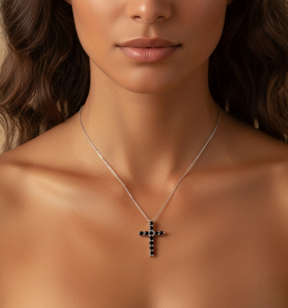 Lant din argint placat cu platină cu pandantiv cruce și moissanite negre – Bijuterie elegantă pentru femei și bărbați [3]