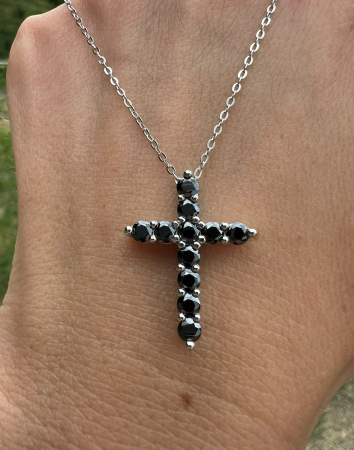 Lant din argint placat cu platină cu pandantiv cruce și moissanite negre – Bijuterie elegantă pentru femei și bărbați [2]