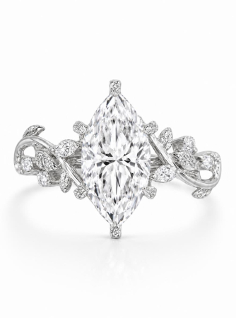 Engagement rings - 1.5-Carat Marquise-Cut Moissanite Engagement Ring with Botanical Details | Gold, or Platinum