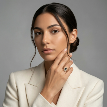 Inel Logodnă Moissanite Negru 1.5 ct Marquise Halo Dublu | Aur & Platină [6]