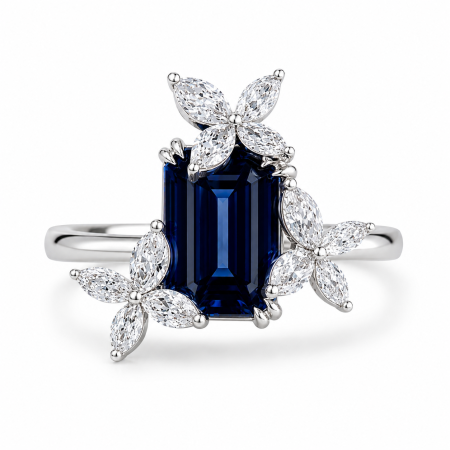 Engagement rings - The Azure Bloom - Royal Blue Sapphire and Moissanite Ring
