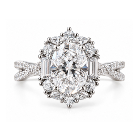 Inele de logodna - Inel logodna moissanite oval 2 carate halo moissanite |model vintage| aur sau platină