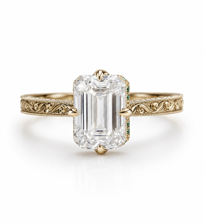 – Emerald Cut Lab-Ground Diamond Engagement Ring and Hidden Halo with Emeralds [1]