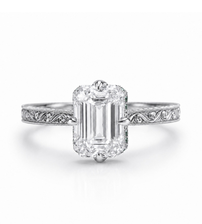 Solitaire - – Inel de logodnă cu diamant de laborator Emerald Cut și Hidden Halo cu smaralde