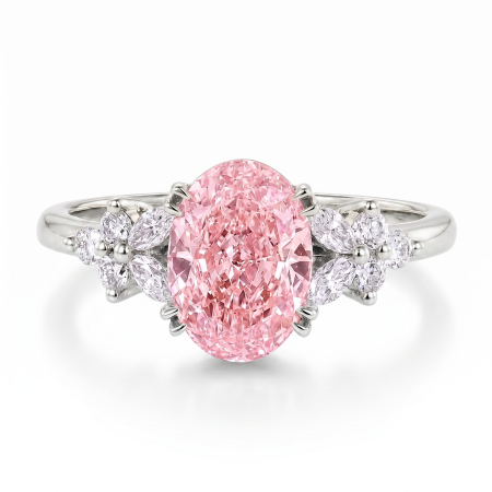 Solitaire - Inel de Logodna cu Diamant de Laborator Roz Oval și Diamante Marchize si Rotunde| Argint, aur sau Platină