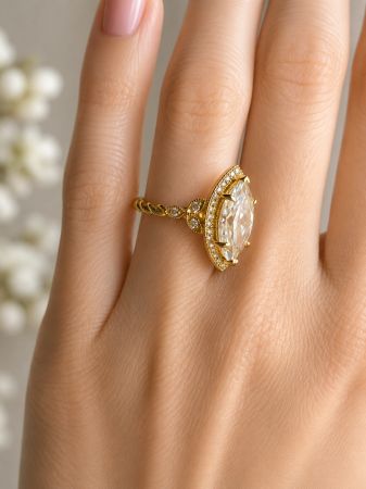 Inel Logodna Diamant Laborator Marchiz & Halo– Milgrain si Detalii Vintage [5]