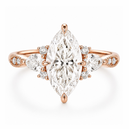 Marquise Lab-Ground Diamond Engagement Ring with Pear & Round Side Diamonds | Vintage Milgrain Design [1]