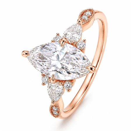 Marquise Lab-Ground Diamond Engagement Ring with Pear & Round Side Diamonds | Vintage Milgrain Design [4]