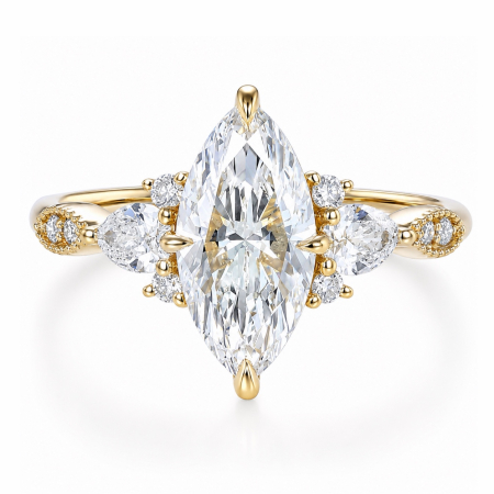 Marquise Lab-Ground Diamond Engagement Ring with Pear & Round Side Diamonds | Vintage Milgrain Design [2]