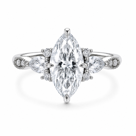 Side stones - Marquise Lab-Ground Diamond Engagement Ring with Pear & Round Side Diamonds | Vintage Milgrain Design