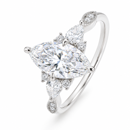 Marquise Lab-Ground Diamond Engagement Ring with Pear & Round Side Diamonds | Vintage Milgrain Design [5]