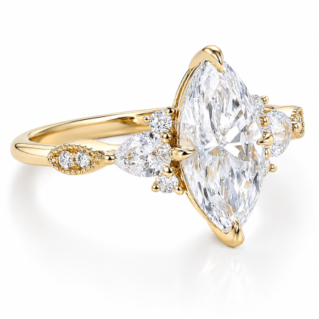 Marquise Lab-Ground Diamond Engagement Ring with Pear & Round Side Diamonds | Vintage Milgrain Design [6]