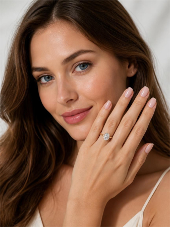 Inel de logodnă cu diamant de laborator oval E VS1, setare florala | Argint, Aur sau Platină [14]