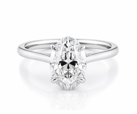 Oval moissanite engagement ring, D color, VVS clarity – hidden halo and pavé bezel – gold or platinum