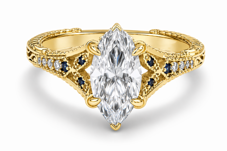 Inel de logodna cu moissanite marchiz și safire albastre – inel vintage aur sau platină [2]