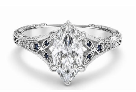 Inel de logodna cu moissanite marchiz și safire albastre – inel vintage aur sau platină [0]