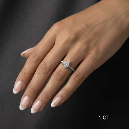 Inel logodnă moissanite 1 CT pară (pear) cu pavé și hidden halo | Aur sau platină [4]