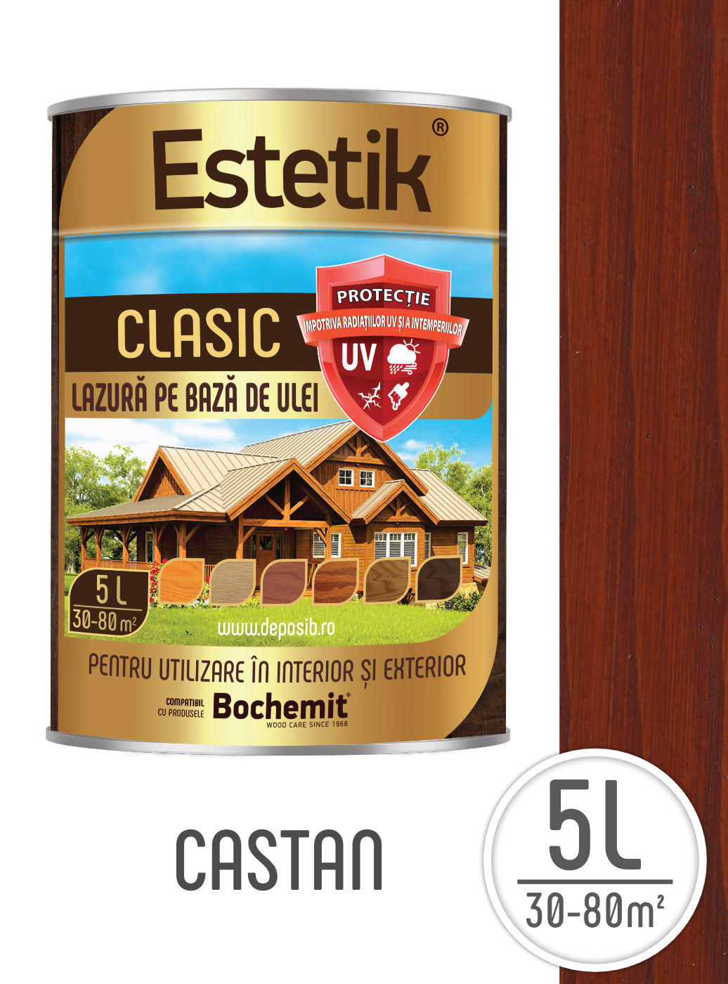 Lazura lemn exterior Estetik 5L Castan – pe bază de ulei, protecție UV și apă [1]