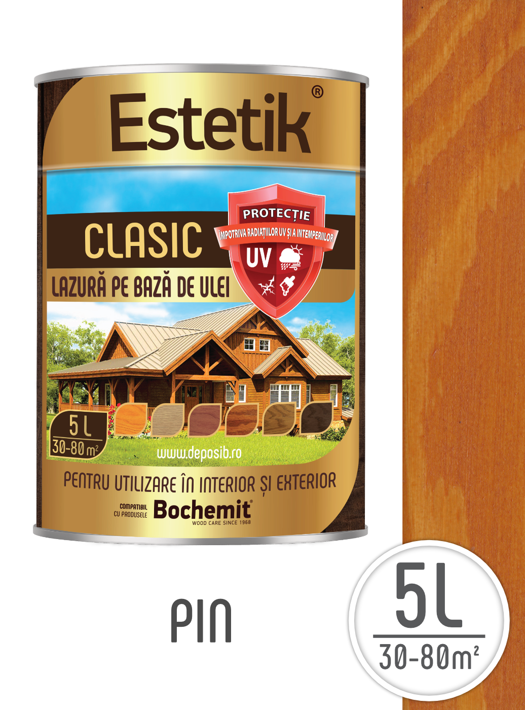 Lazura lemn exterior Estetik 5L nuanță Pin – protecție UV, pătrundere profundă [1]
