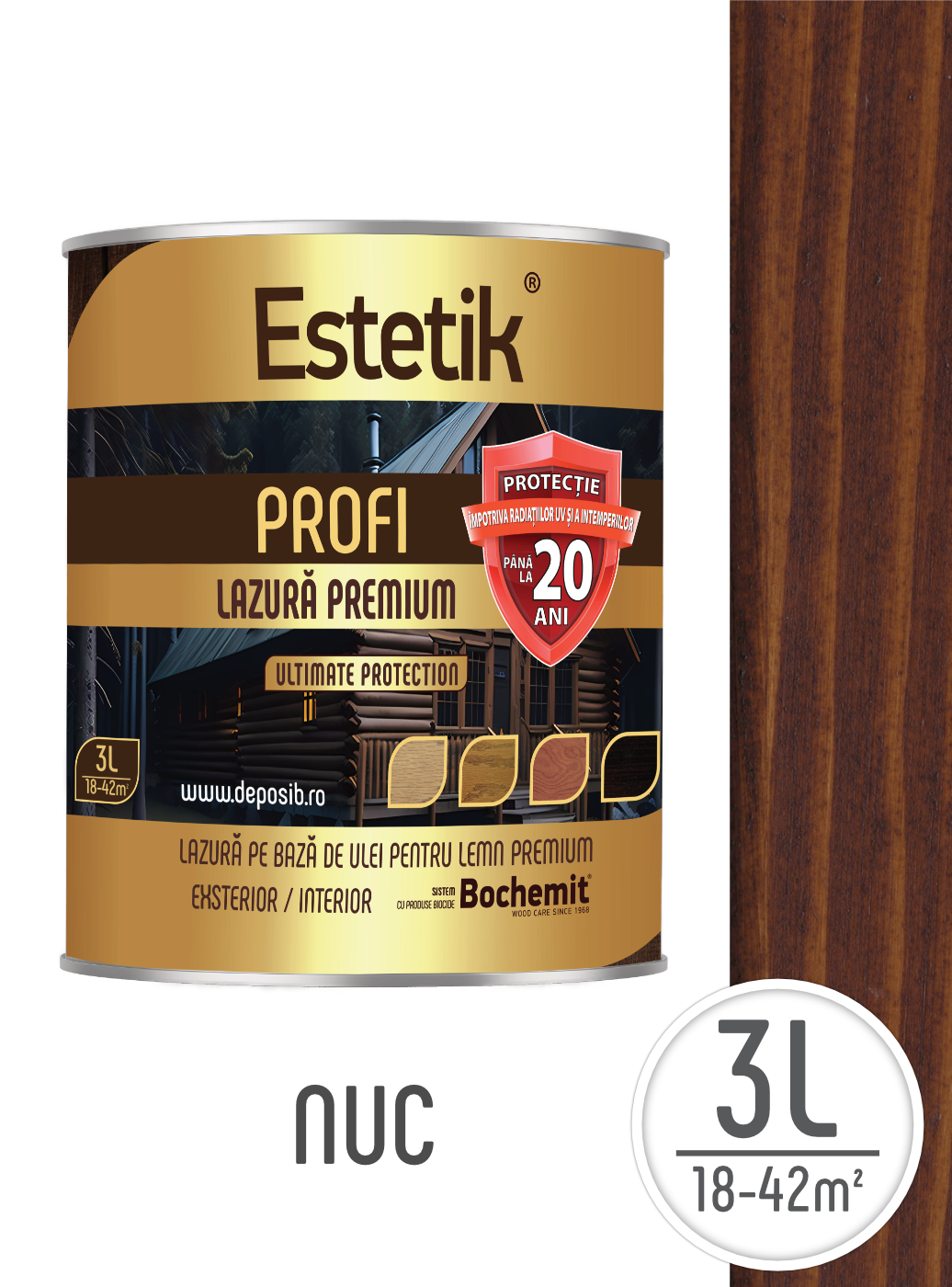 Bait lemn Estetik Profi 3L Nuc – protecție 20 ani, UV + apă, nu se exfoliază [1]