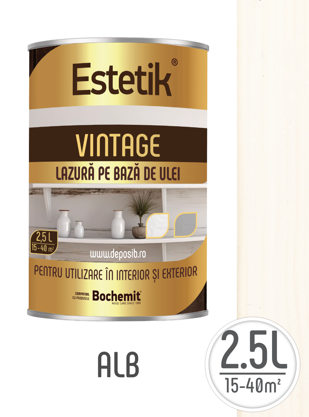Lazura lemn exterior și interior Estetik Vintage Alb 2.5L – efect vintage, protecție durabilă [1]