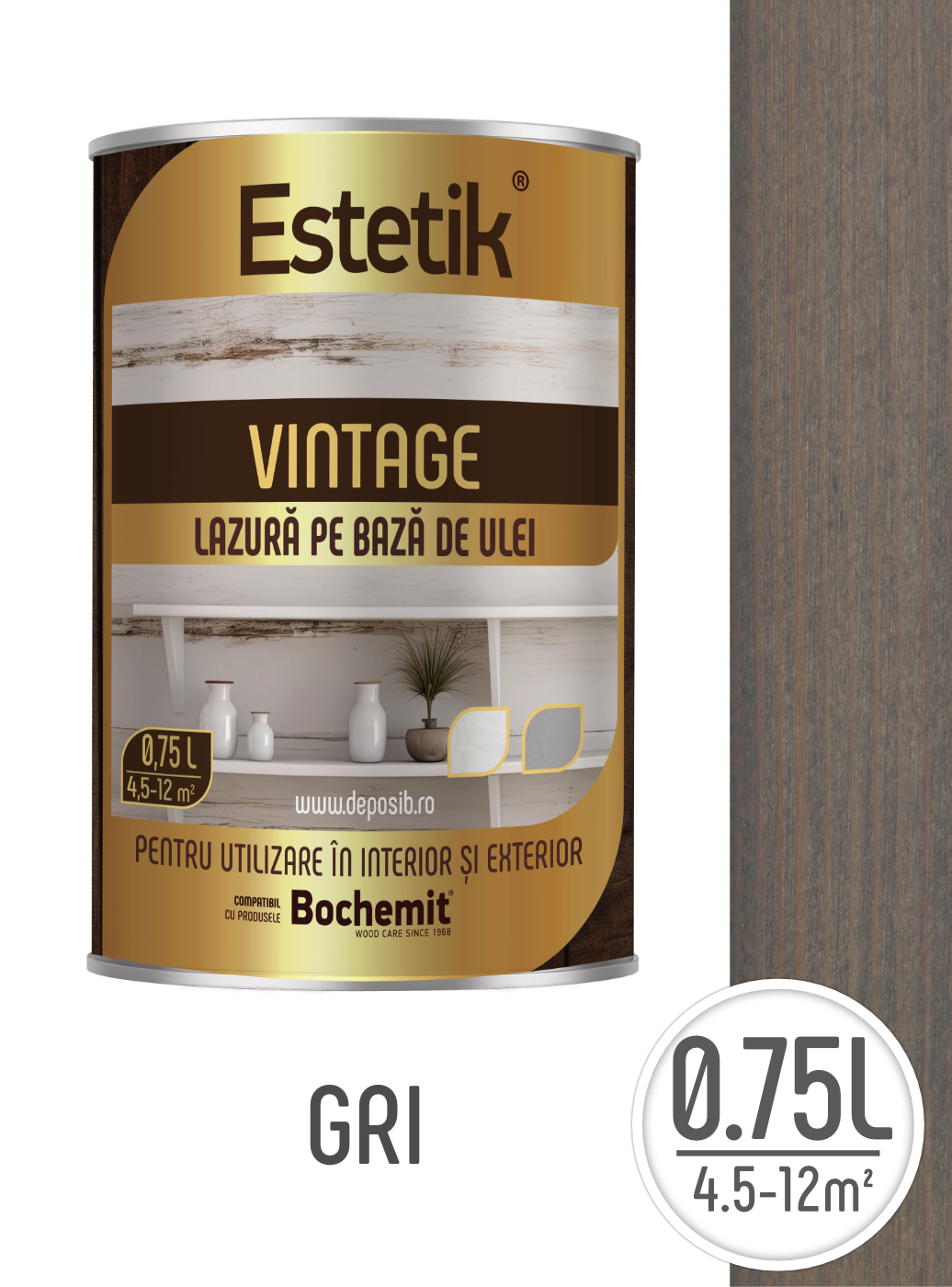 Lazura lemn exterior și interior Estetik Vintage Gri 2.5L – efect antichizat, protecție UV [1]