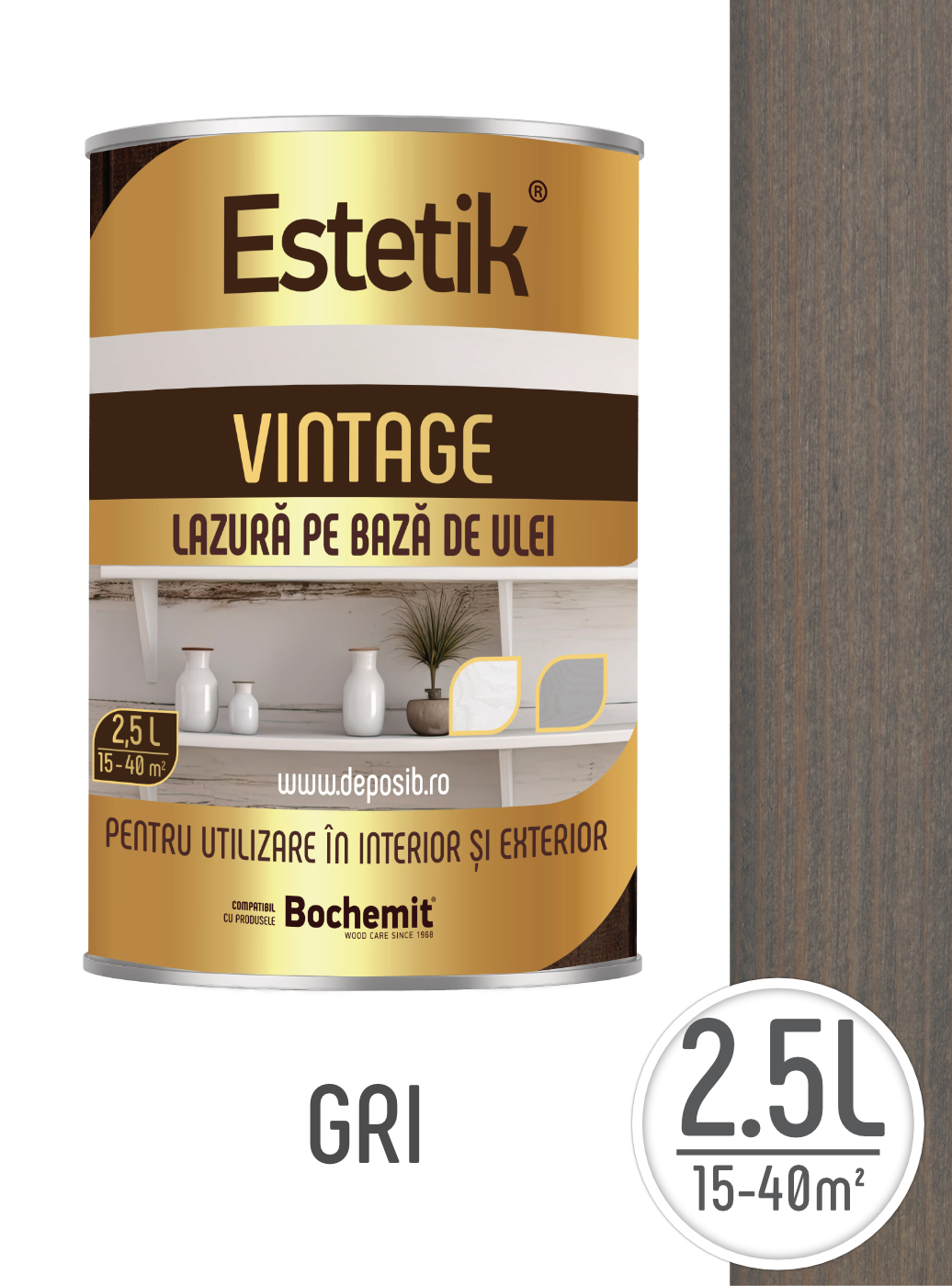 Lazura lemn exterior și interior Estetik Vintage Gri 2.5L – efect antichizat, protecție UV [1]
