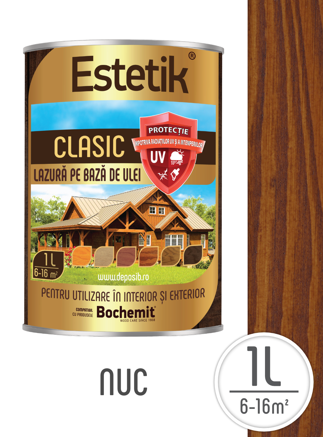 Estetik CLASIC - Lazura lemn exterior Estetik 1L Nuc – protecție UV și umiditate, acoperire 6–12 mp