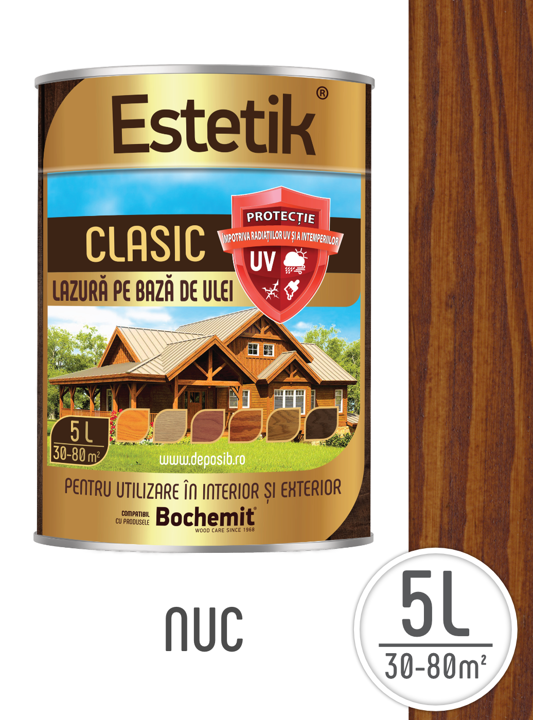 Estetik CLASIC - Lazura lemn Estetik Clasic 5L Nuc – protecție UV, pătrundere profundă