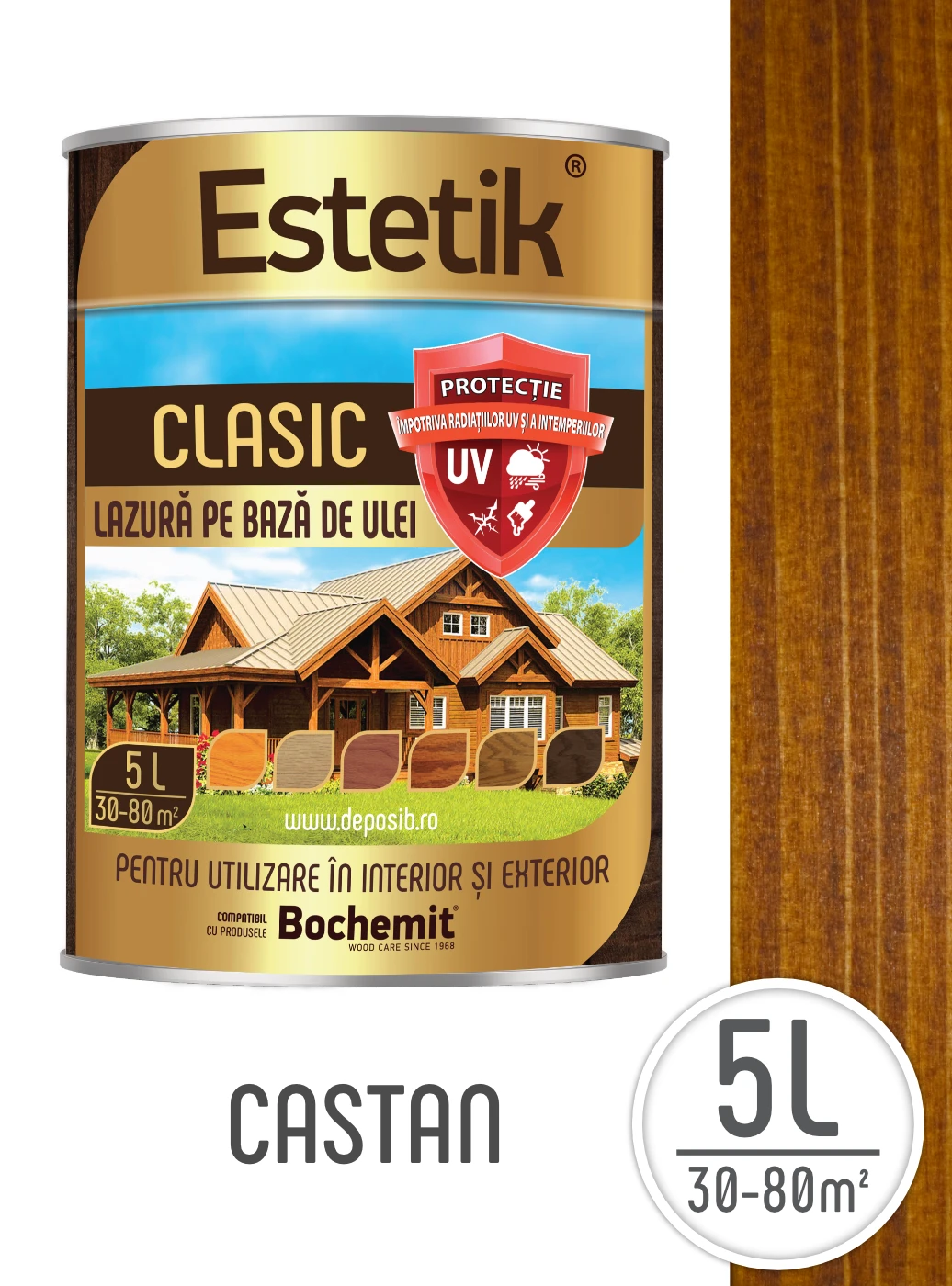 Produse - Lazura lemn exterior Estetik 5L Castan – pe bază de ulei, protecție UV și apă