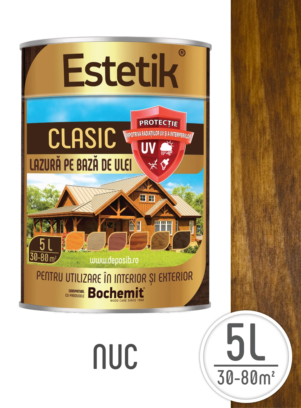 Estetik CLASIC - Lazura lemn Estetik Clasic 5L Nuc – protecție UV, pătrundere profundă