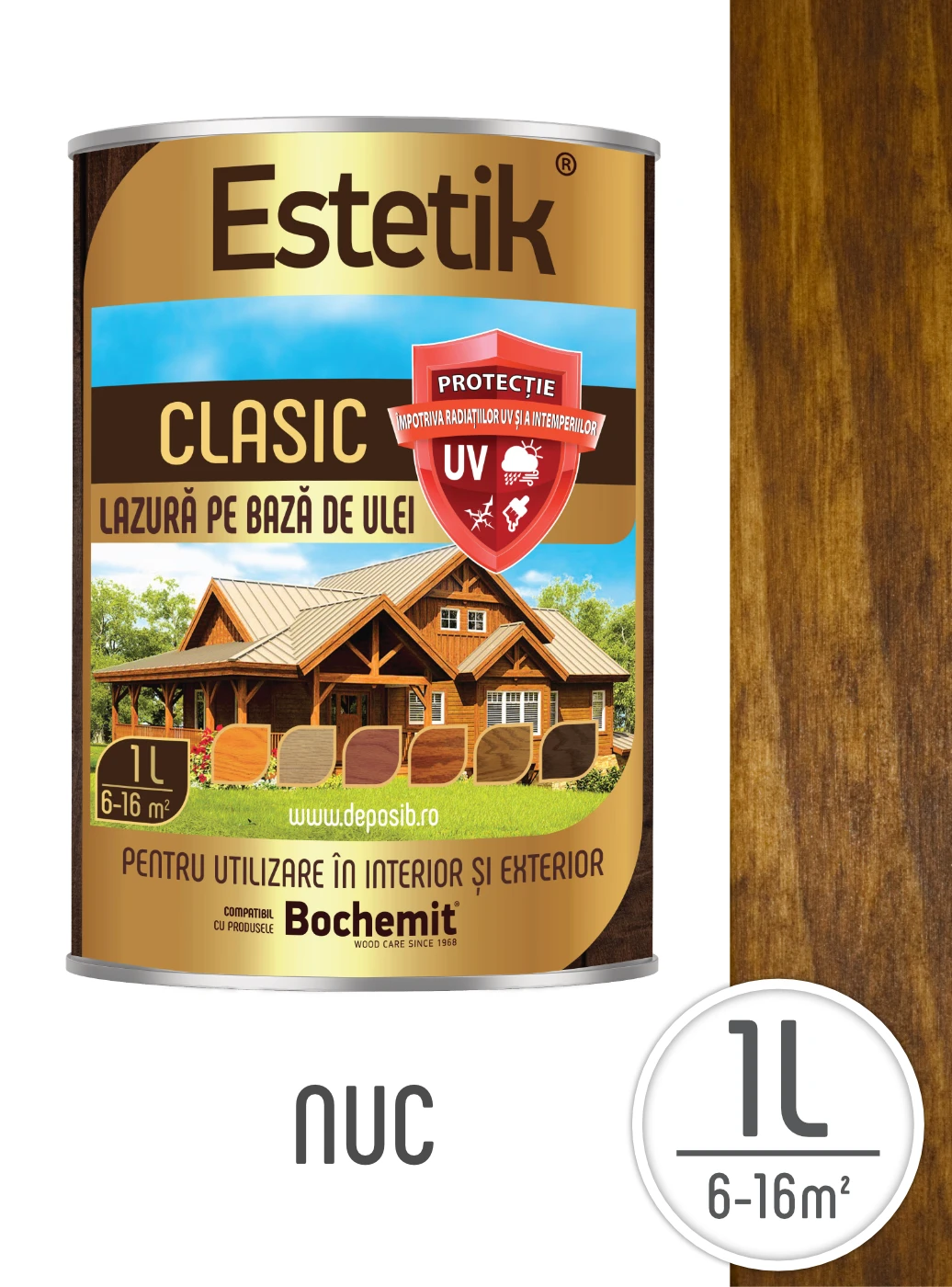 Produse - Lazura lemn exterior Estetik 1L Nuc – protecție UV și umiditate, acoperire 6–12 mp