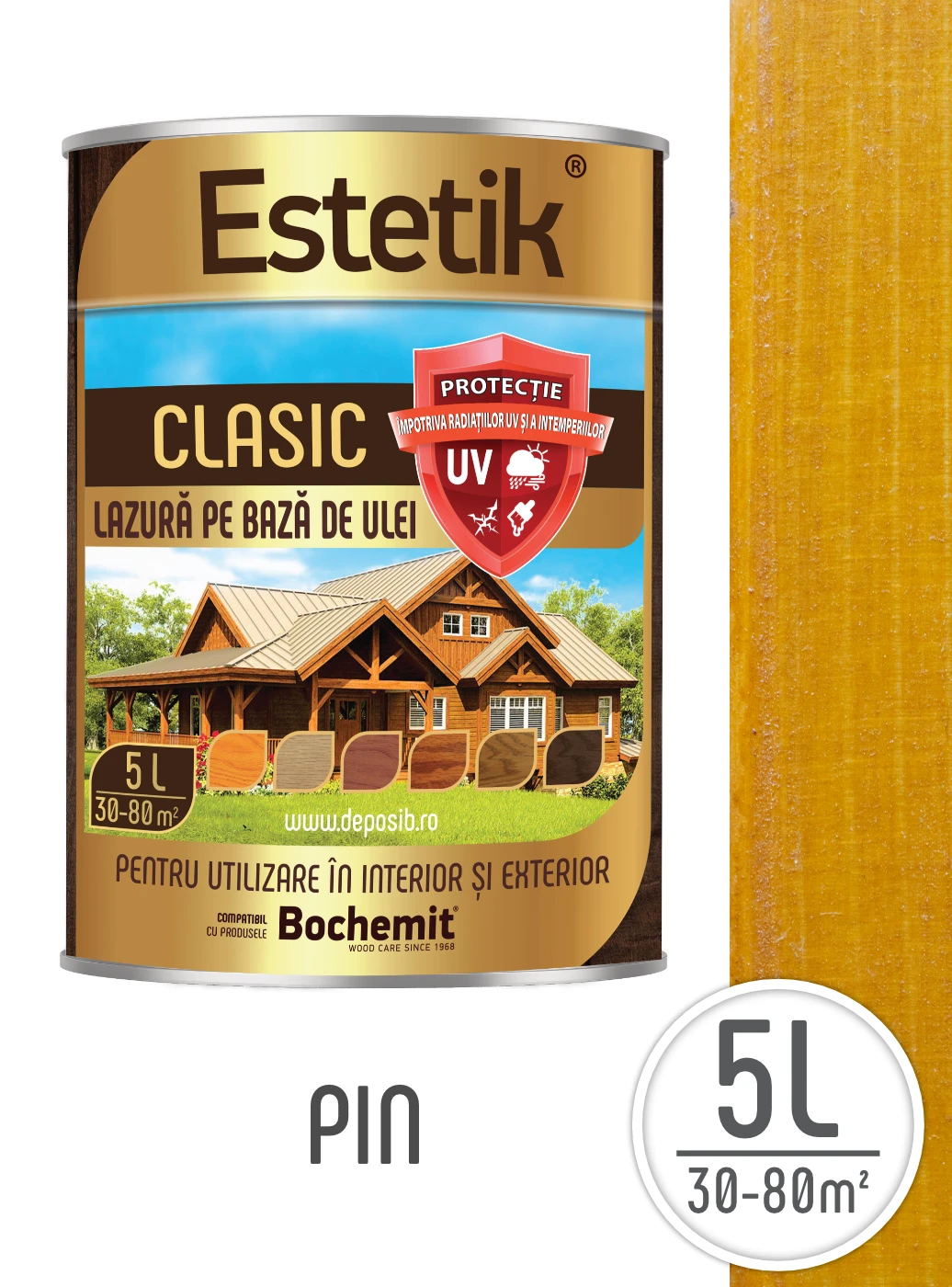 Estetik CLASIC - Lazura lemn exterior Estetik 5L nuanță Pin – protecție UV, pătrundere profundă