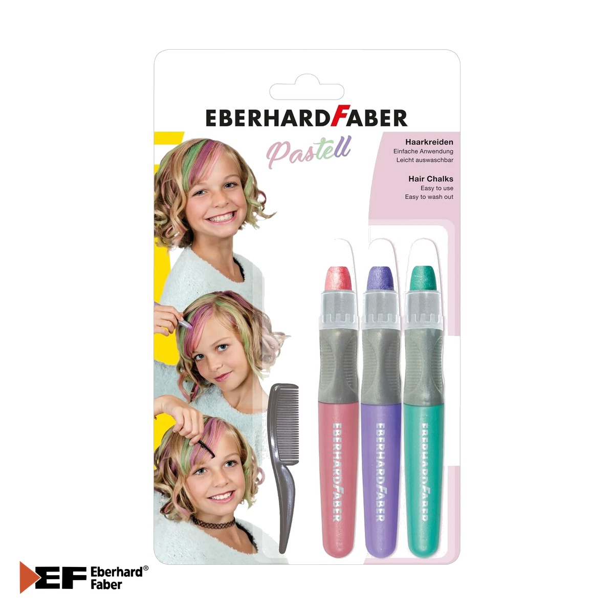 Machiaj temporar si efecte speciale - Set colorare par Eberhard Faber, 3 creioane pastel cu pieptan inclus, roz violet turcoaz, pentru petreceri si evenimente