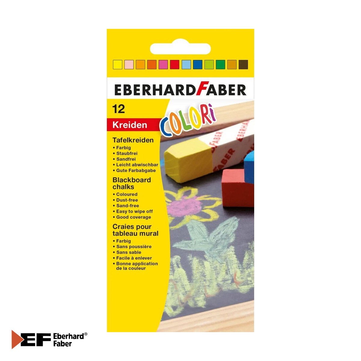 Creta pentru asfalt si activitati creative - Set 12 crete colorate Eberhard Faber, cu invelis protector de hartie, pentru tabla scolara si neagra