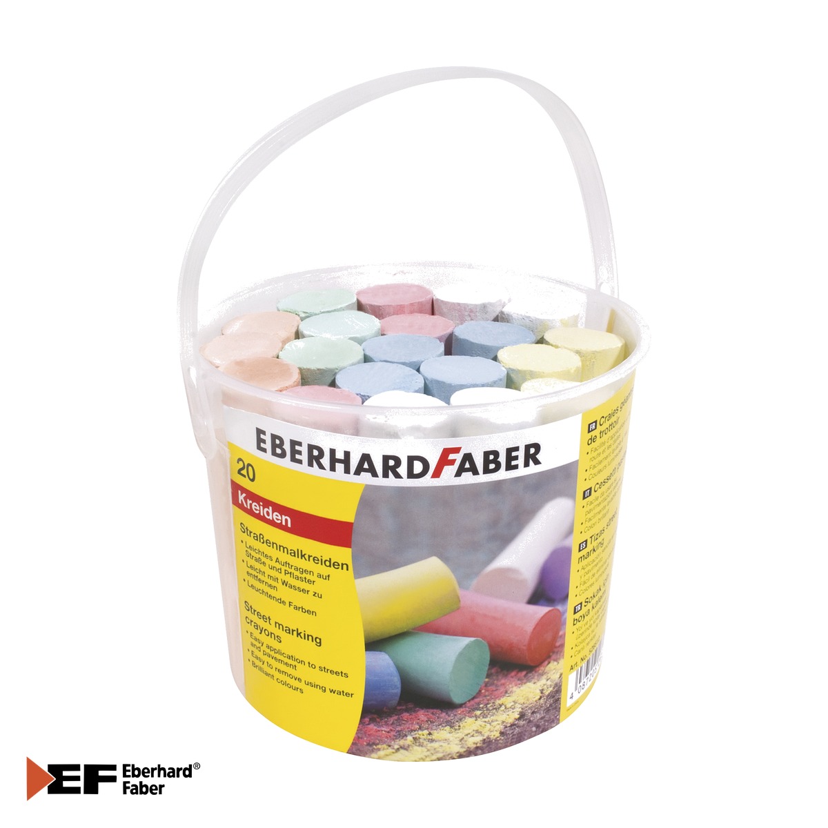 Creta pentru asfalt si activitati creative - Set 20 crete colorate pentru asfalt Eberhard Faber, lavabile cu apa, in galeata, pentru copii