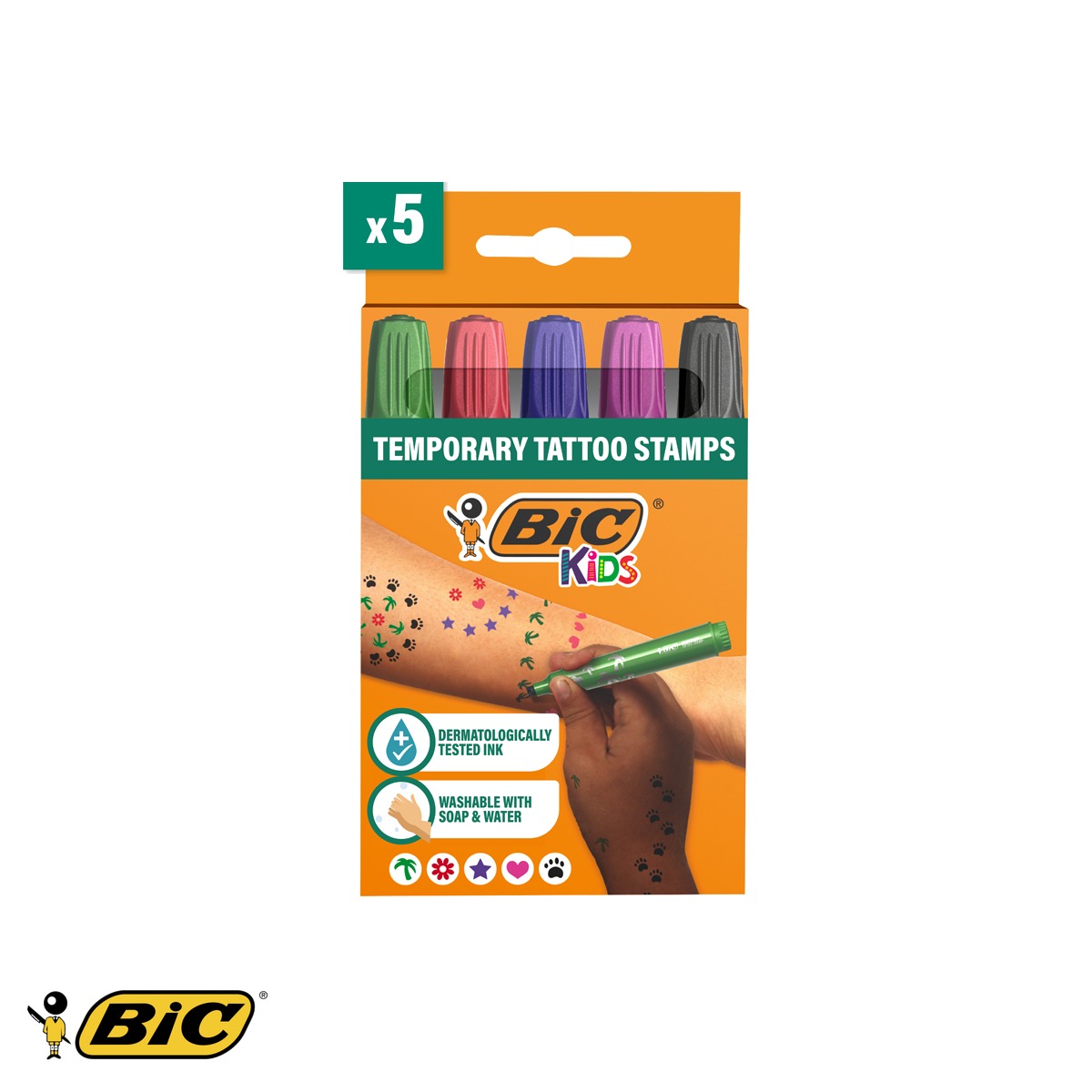 Machiaj temporar si efecte speciale - Set 5 markere cu varf tip stampila Bic Kids, cerneala testata dermatologic, pentru tatuaje temporare copii