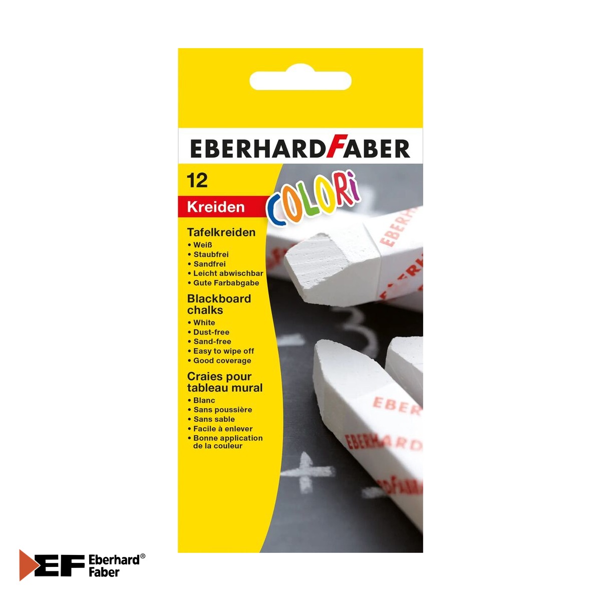 Creta pentru asfalt si activitati creative - Set 12 crete albe Eberhard Faber, cu invelis protector de hartie, fara praf, pentru tabla scolara