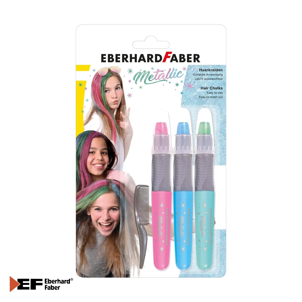 Machiaj temporar si efecte speciale - Set creioane metalizate pentru colorat par Eberhard Faber, 3 culori (roz, albastru, verde) + pieptan inclus
