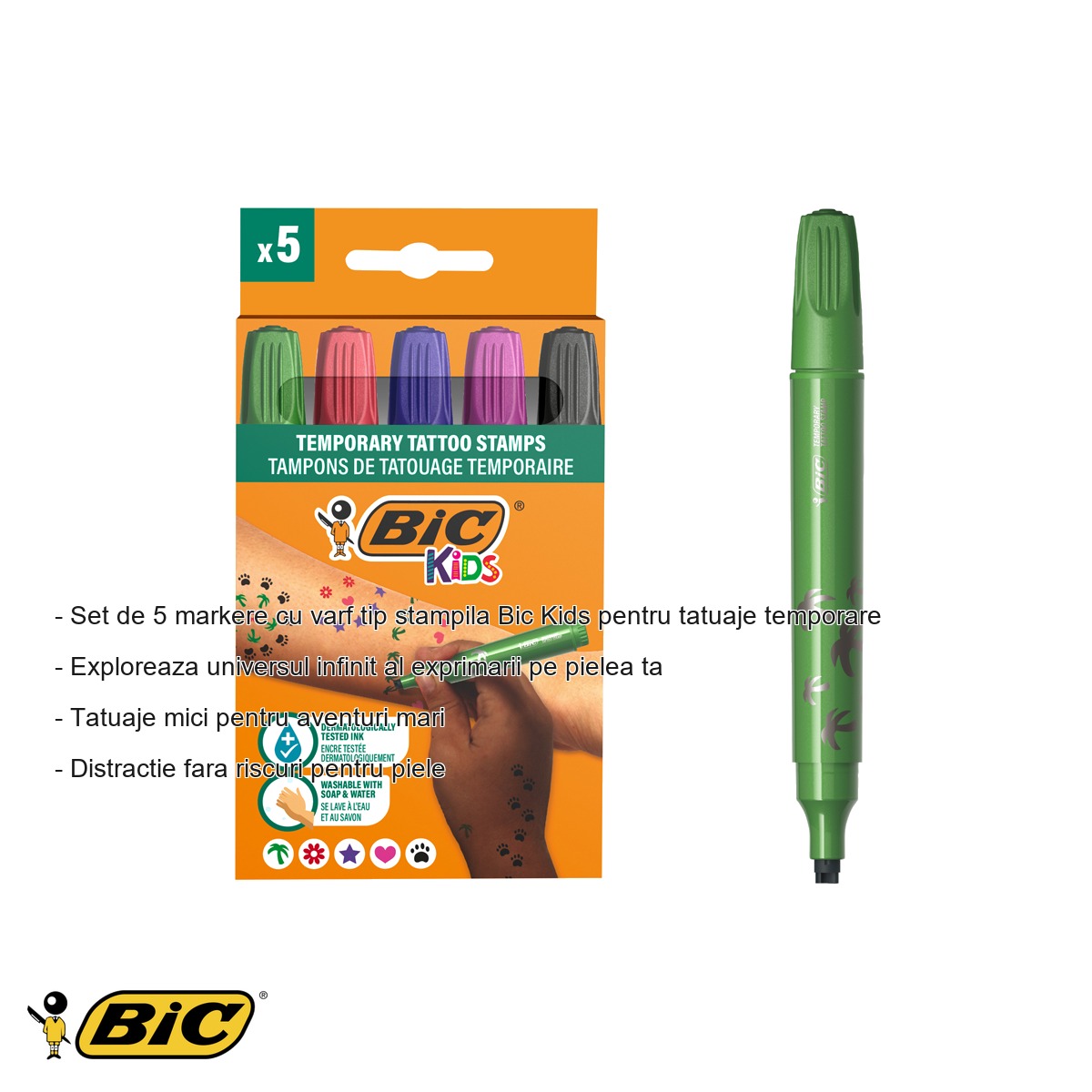 Set 5 markere cu varf tip stampila Bic Kids, cerneala testata dermatologic, pentru tatuaje temporare copii [1]