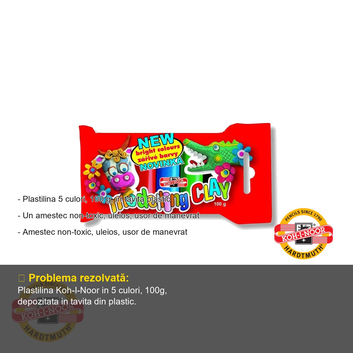 Plastilina remodelabila Koh-I-Noor, 5 culori, 100g, amestec non-toxic, pentru copii [1]