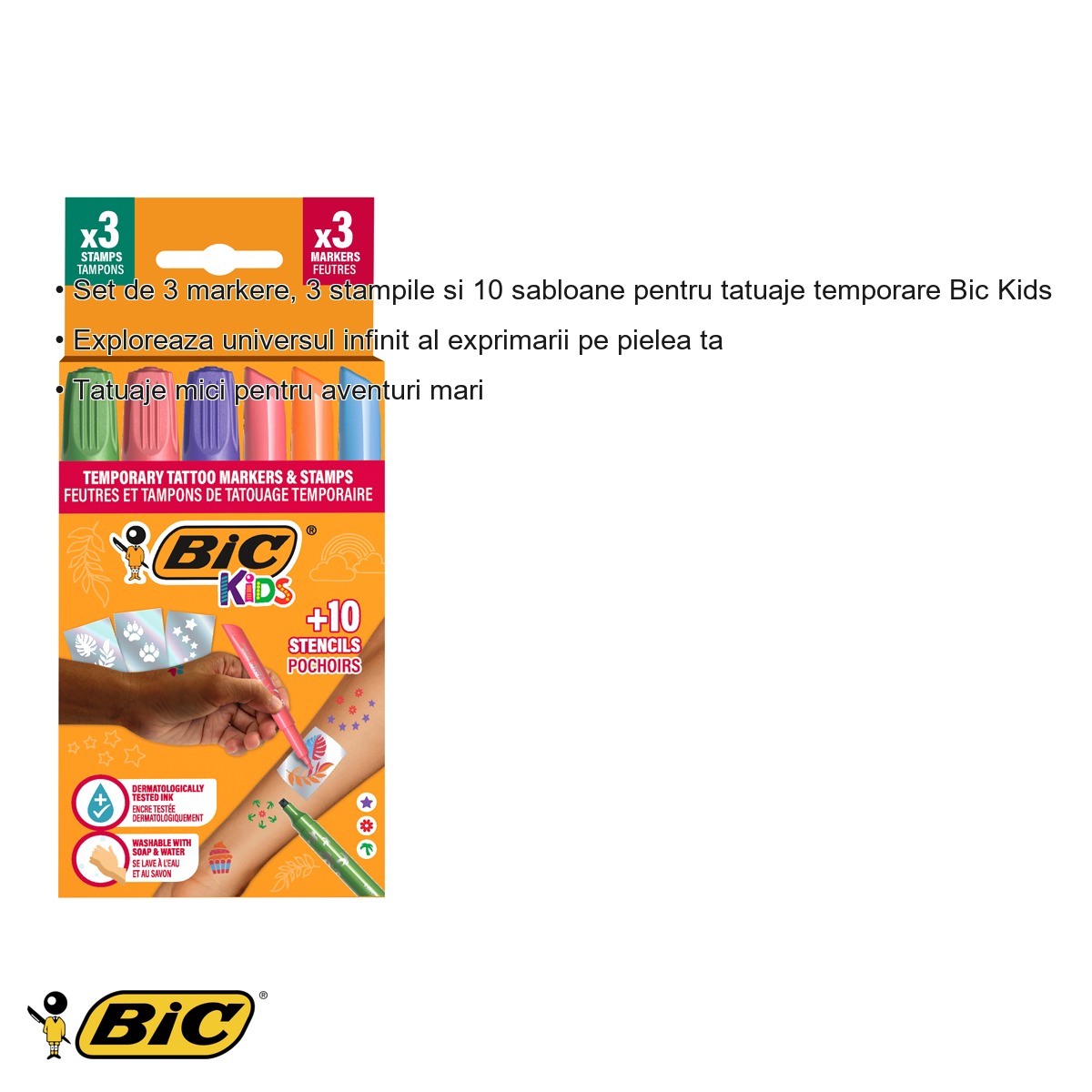 Set markere tatuaje temporare Bic Kids, 3 markere + 3 stampile + 10 sabloane, pentru copii [2]