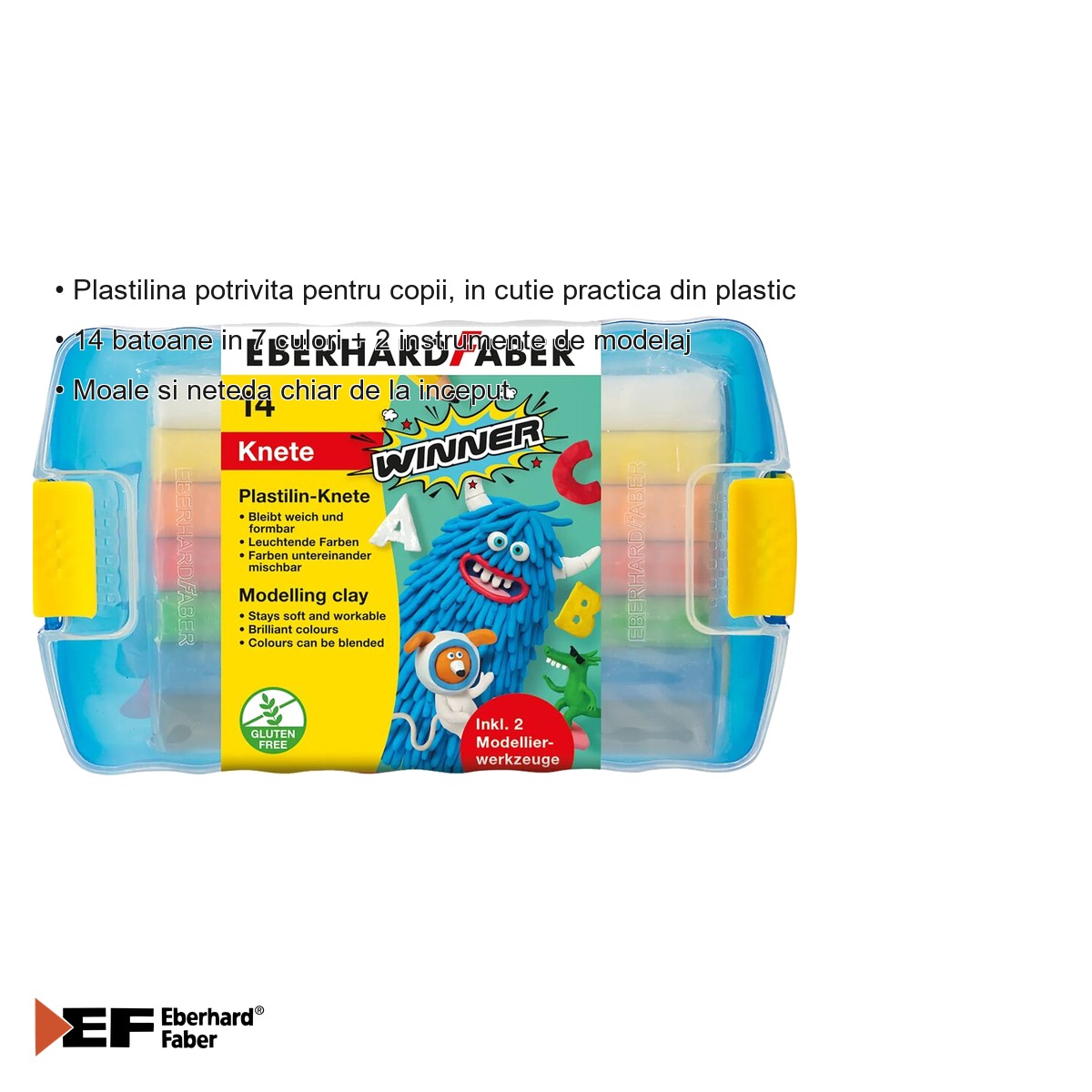 Set plastilina Eberhard Faber, 14 batoane in 7 culori cu 2 instrumente de modelaj, cutie plastic, pentru copii [2]