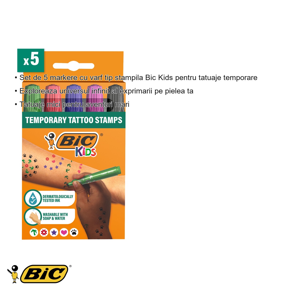 Set 5 markere cu varf tip stampila Bic Kids, cerneala testata dermatologic, pentru tatuaje temporare copii [2]