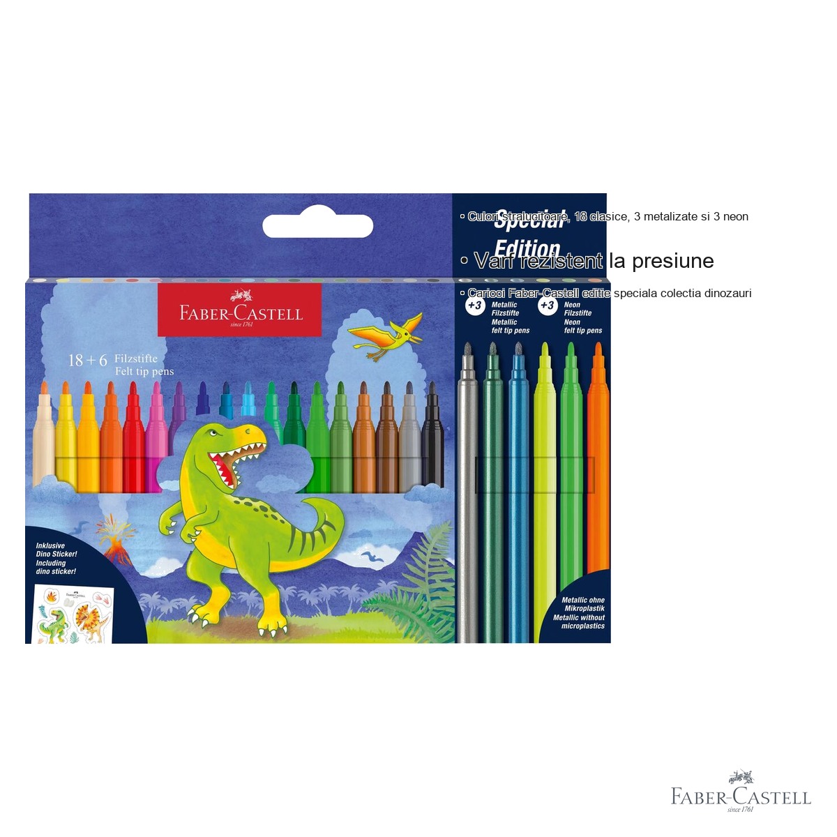 Set 24 carioci Faber-Castell colectia Dinozauri, 18 clasice + 3 metalizate + 3 neon, cu stickere, pentru copii [2]