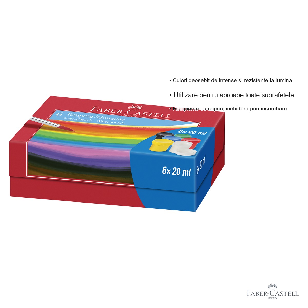 Set guase 6 culori Faber-Castell, 20 ml, culori vibrante opace, pentru copii si tineri artisti [2]